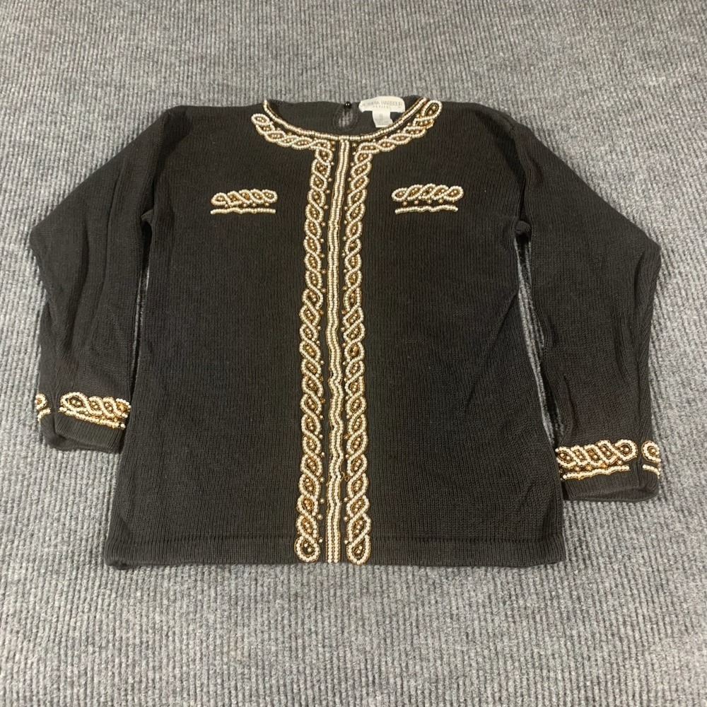 VTG Victoria Harbour Sweater Womens Medium P Black Beaded Pullover Cotton Blend‎